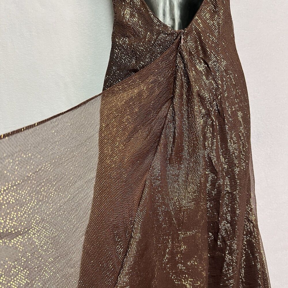 Nicole Miller Silk Lurex Brown Gold Plunge Handkerchief Dress 8 Y2K Fairy Boho - Picture 4 of 8